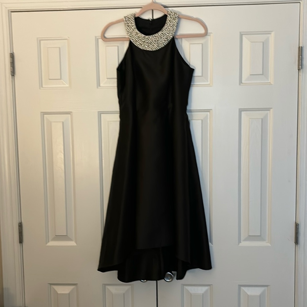 Adrianna Papell black evening dress. Asymmetrical hem; gorgeous pearl neckline